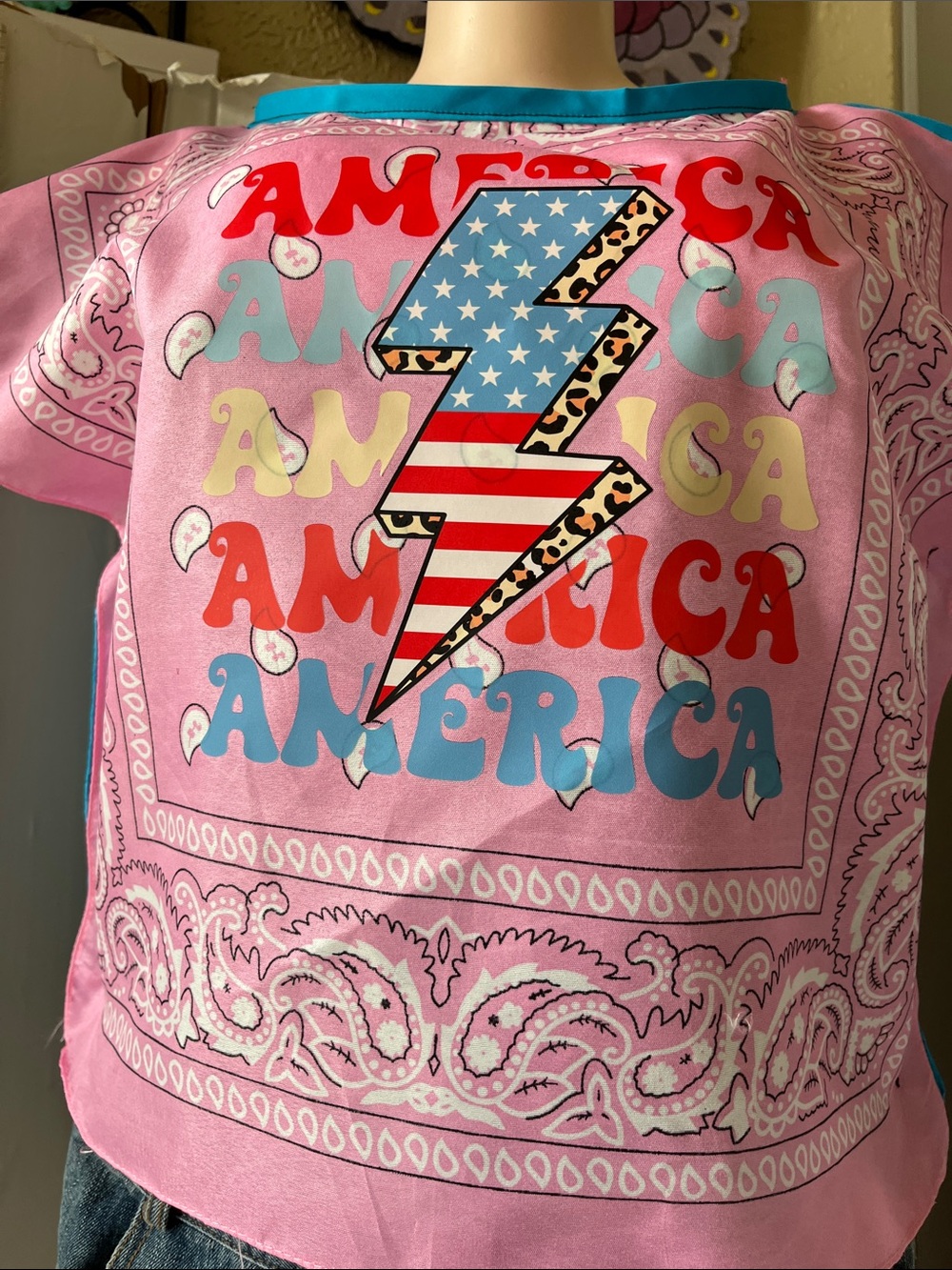 Ladies Pink 'America' Graphic Tee with Lightning Bolt. Pink and teal colors.